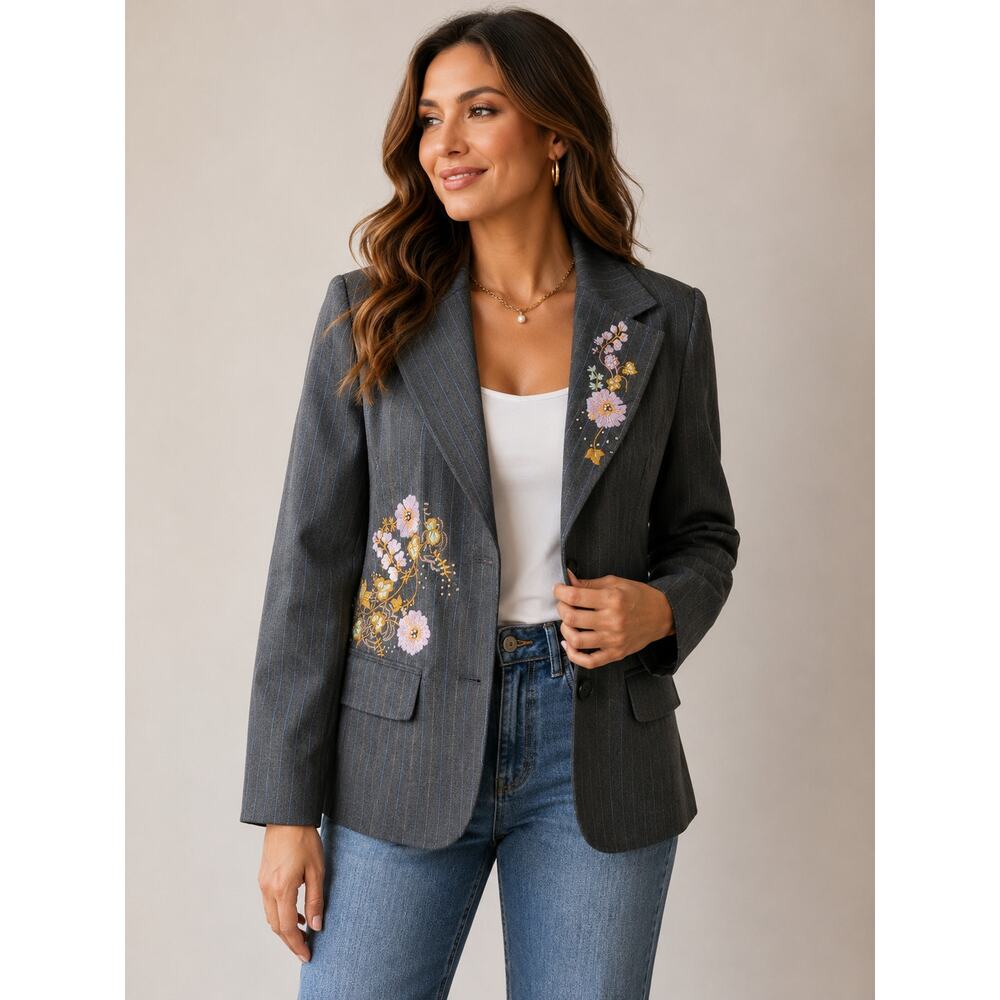 Newport News Blazer 16 Gray Pinstripe Floral Embroidered Beaded Y2K Jacket